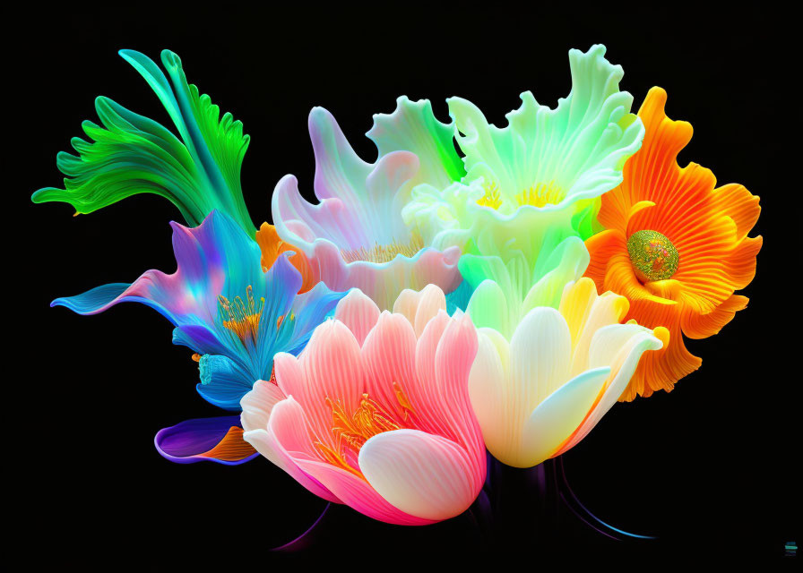 Abstract Neon Flowers on Black Background: Vibrant Digital Art with Flowing Petal Designs