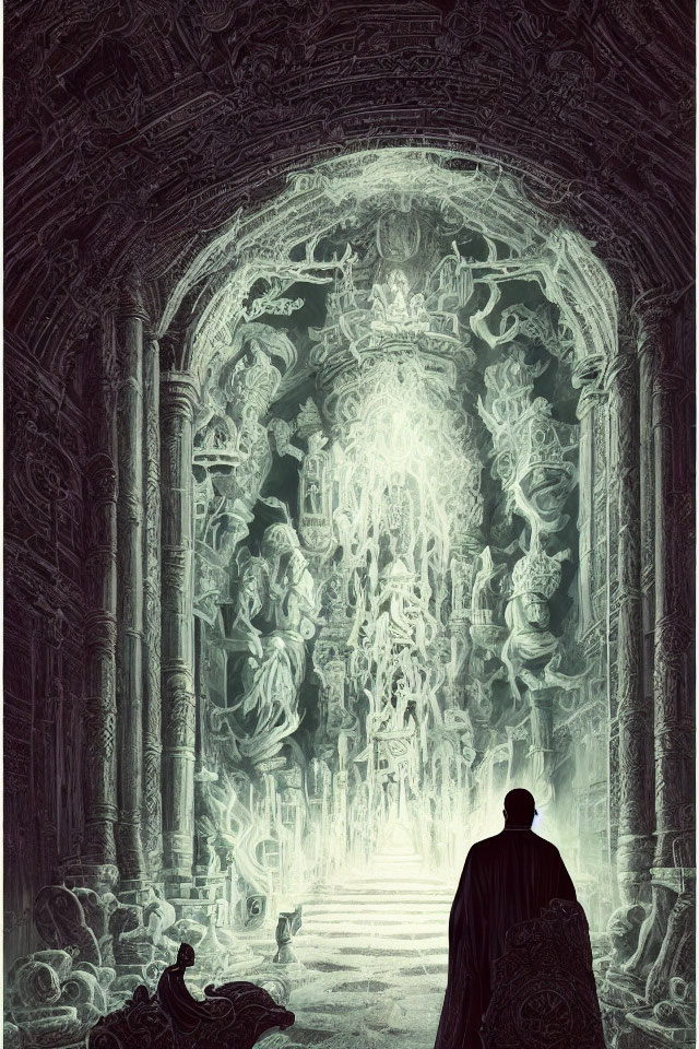 Mystical hallway with cloaked figure and sculptures