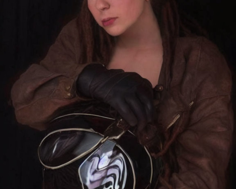 Woman with dreadlocks in brown leather jacket holding helmet