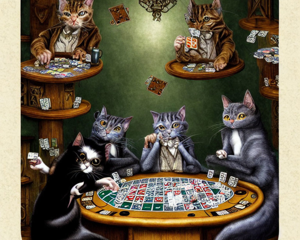 Cats playing poker illustration with cards in paws