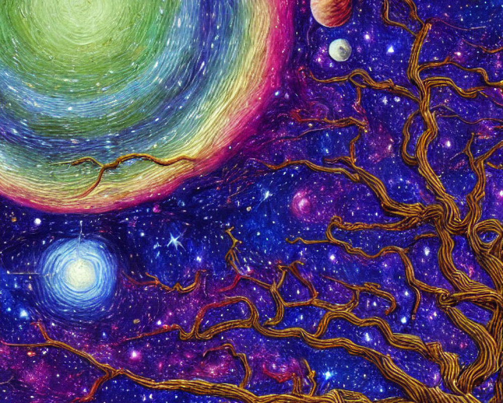 Colorful Outer Space Scene with Galaxies, Planets, and Tree-Like Branches