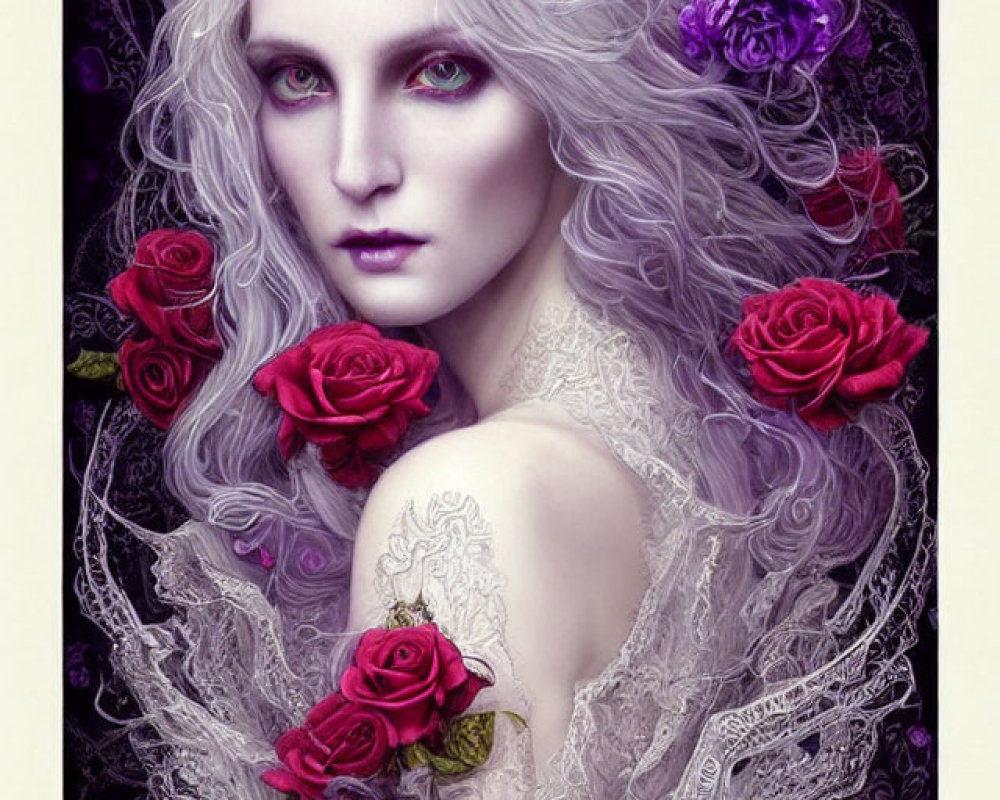 Pale woman with white hair, purple and red roses, lace attire, against dark backdrop