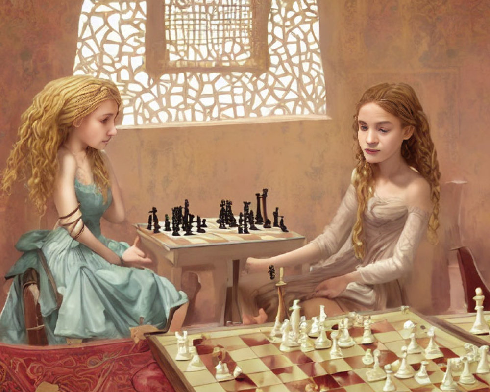 Two girls in elegant dresses playing chess in ornate patterned room with lattice window