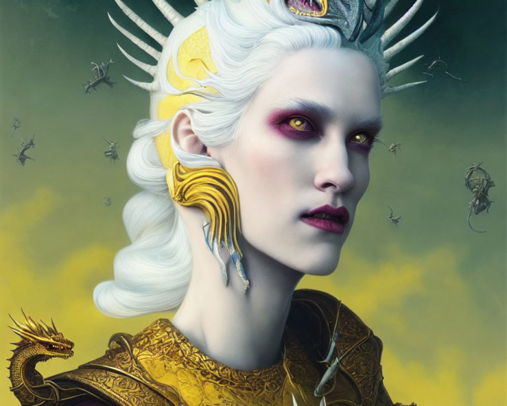Fantastical portrait of person with pale skin and purple eyes in dragon-themed headgear, accompanied by