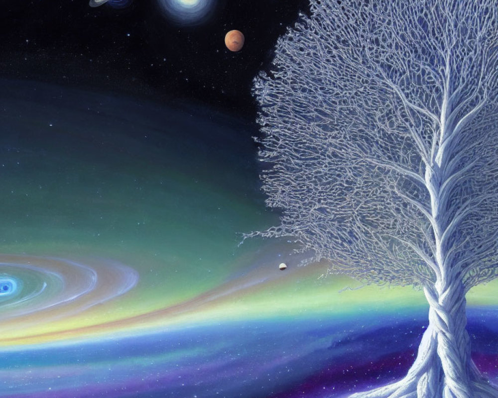Surreal painting: White tree branches into starry galaxy with Saturn and Mars.