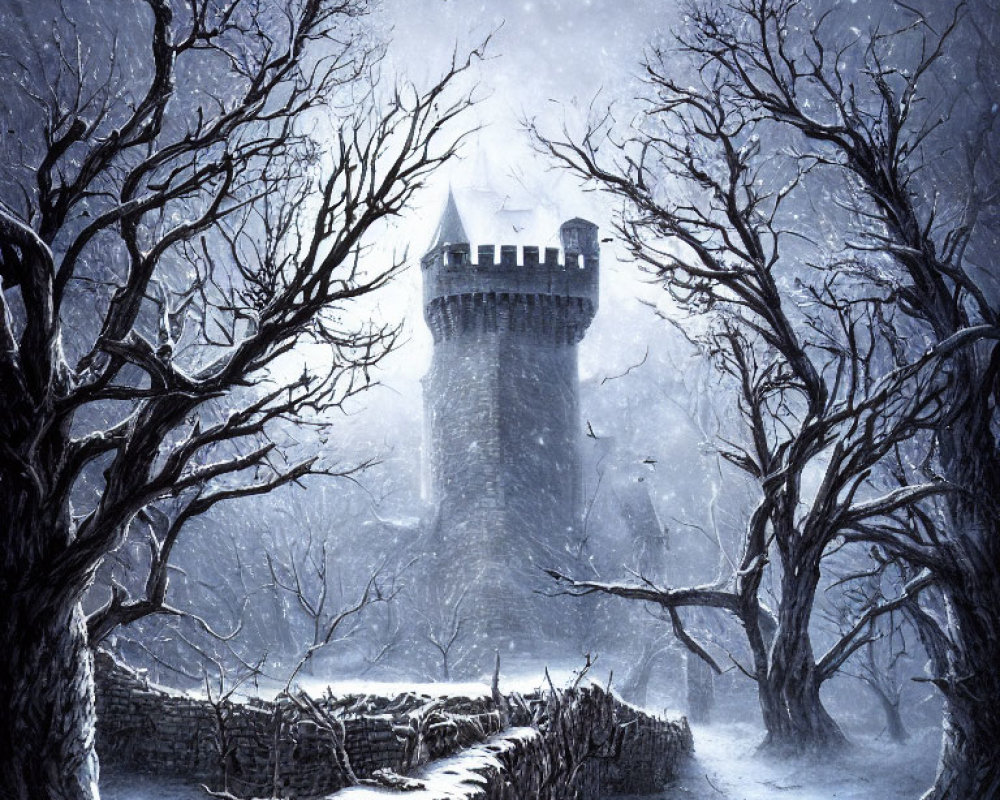 Snowy Castle Scene: Barren Trees, Raven, Twilight Sky