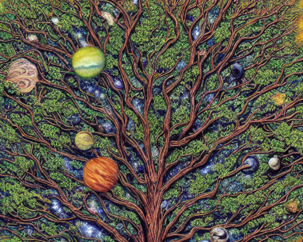 Tree with Solar System Planets in Starry Space Background