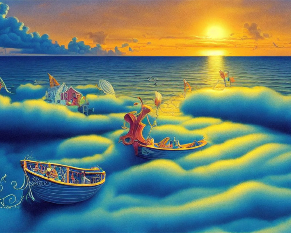 Surreal seascape with boats, fishermen, marine creatures, and coastal town under vibrant sunset