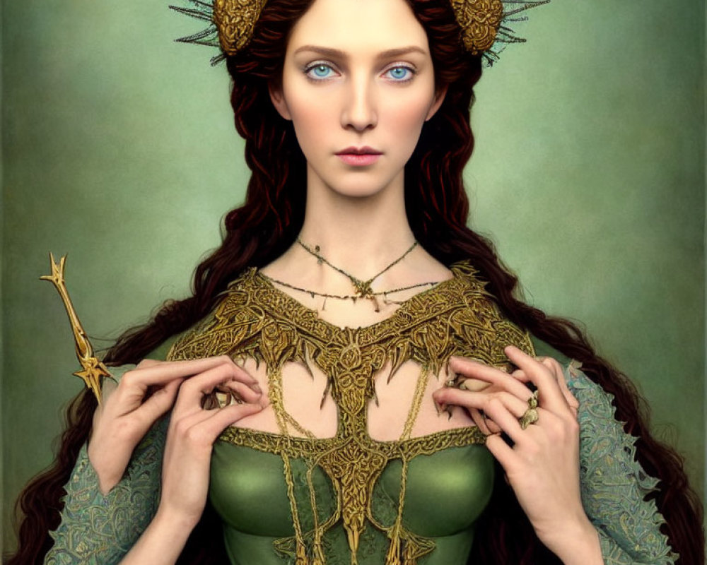 Digital artwork: Woman with blue eyes in green and gold dress with crown, holding twig on green background