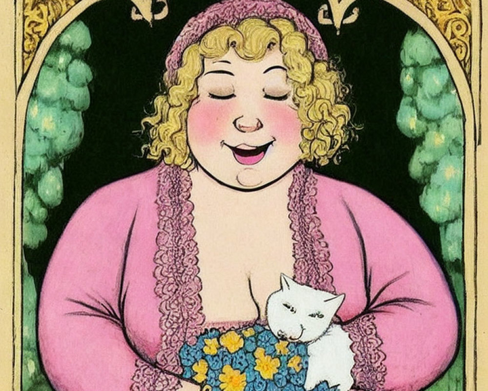 Rosy-cheeked woman in pink dress holding white cat in vintage-style illustration