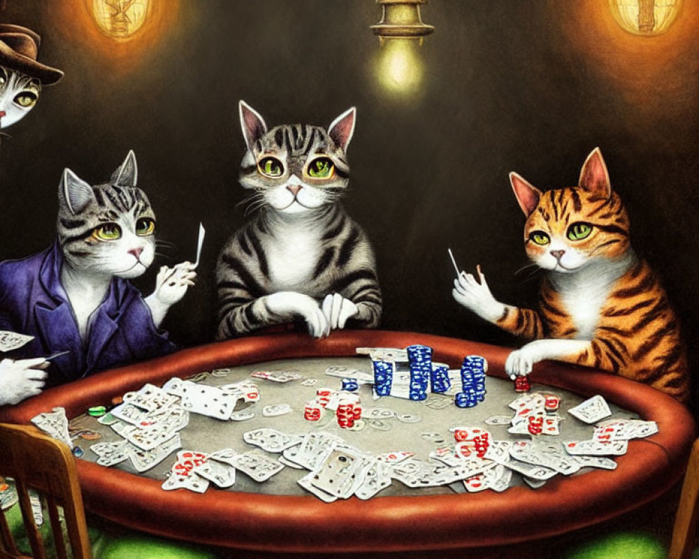 Anthropomorphic Cats Playing Poker at Round Table