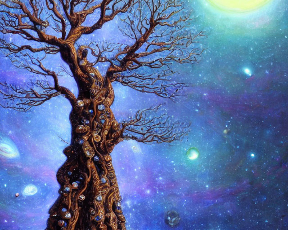 Majestic tree with intricate branches in cosmic setting