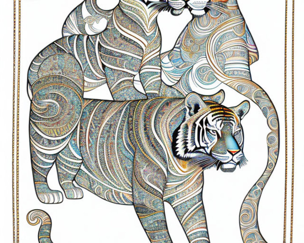 Detailed illustration of two tigers in ornate patterns on paisley background