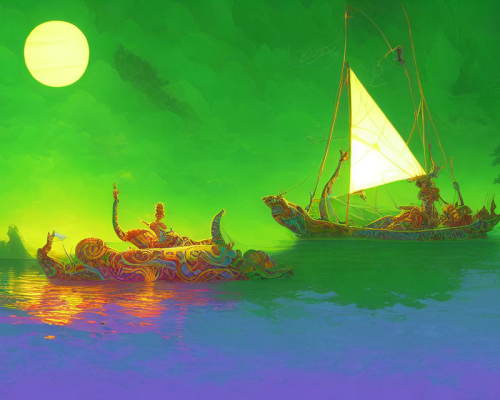 Ornate boats with figures on misty green water under yellow sun