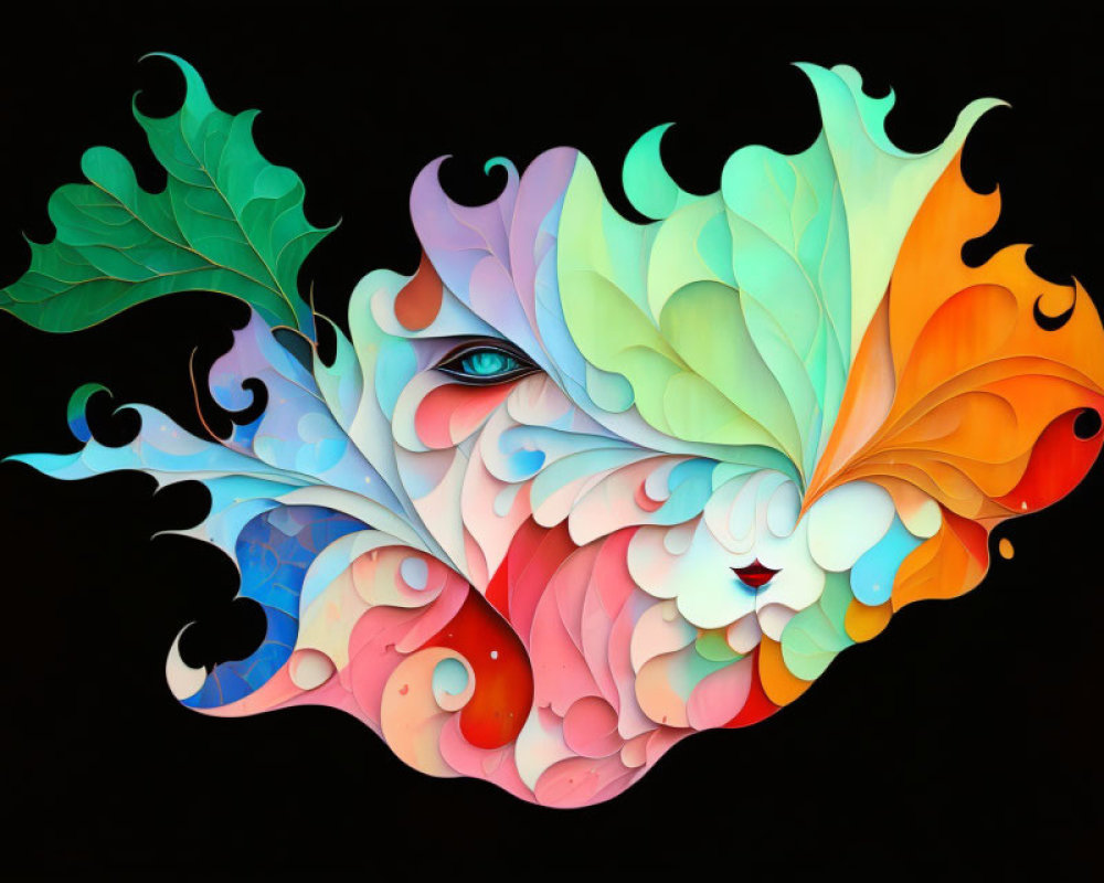 Vibrant eye and leaf patterns in colorful abstract art