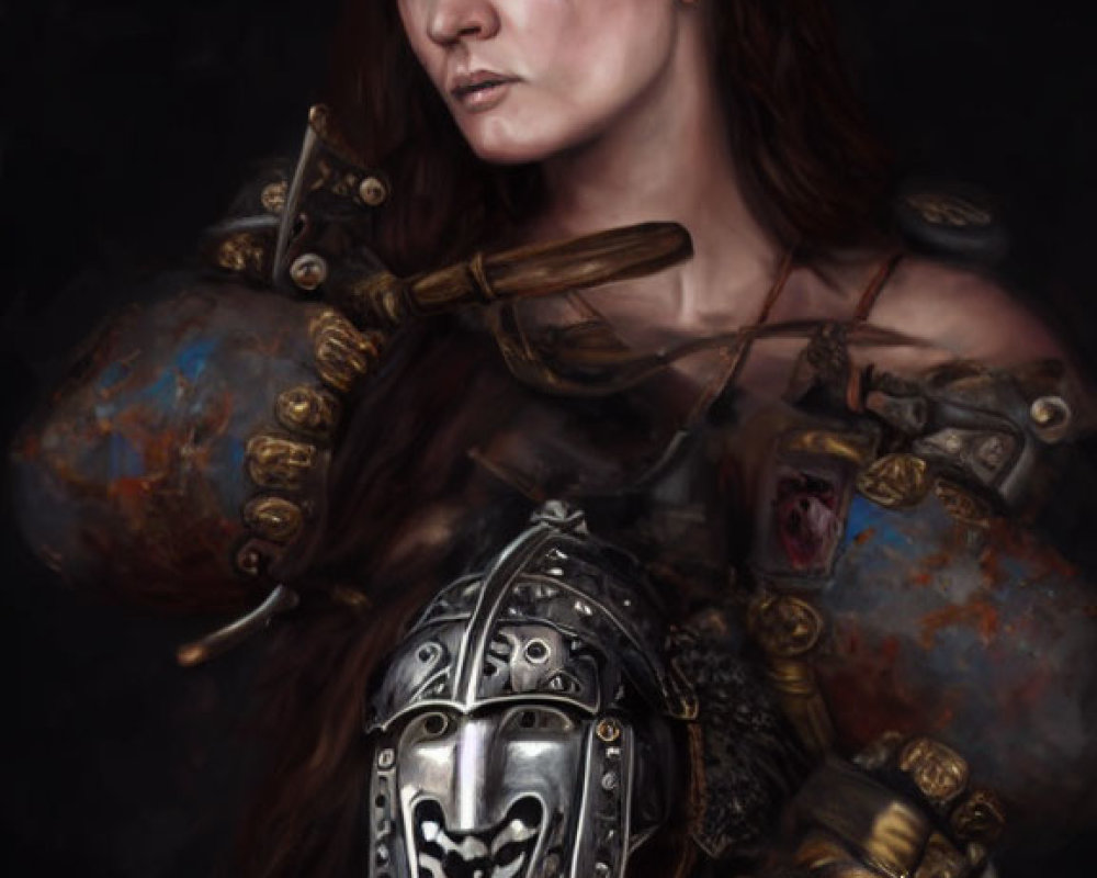 Female warrior with red hair, painted face, helmet, and armor in intense gaze