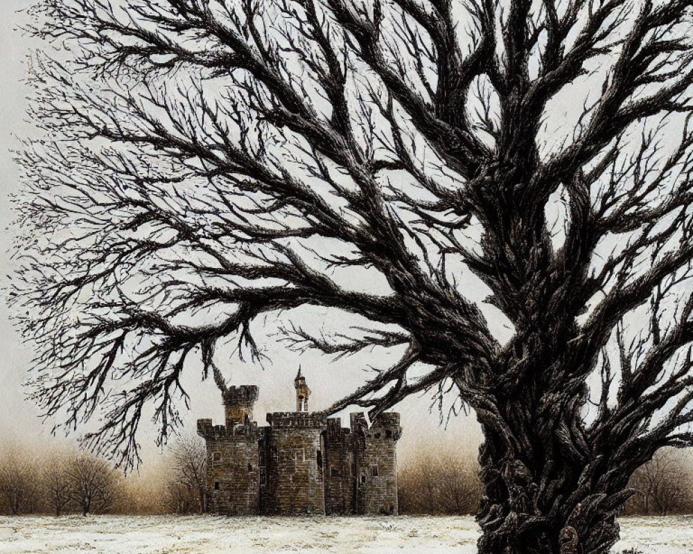 Snowy landscape with large leafless tree and stone castle