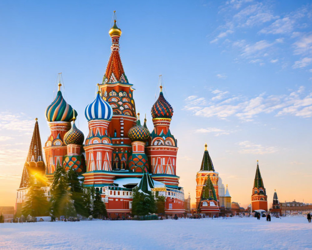 Iconic Moscow Cathedral: Colorful Onion Domes at Sunset