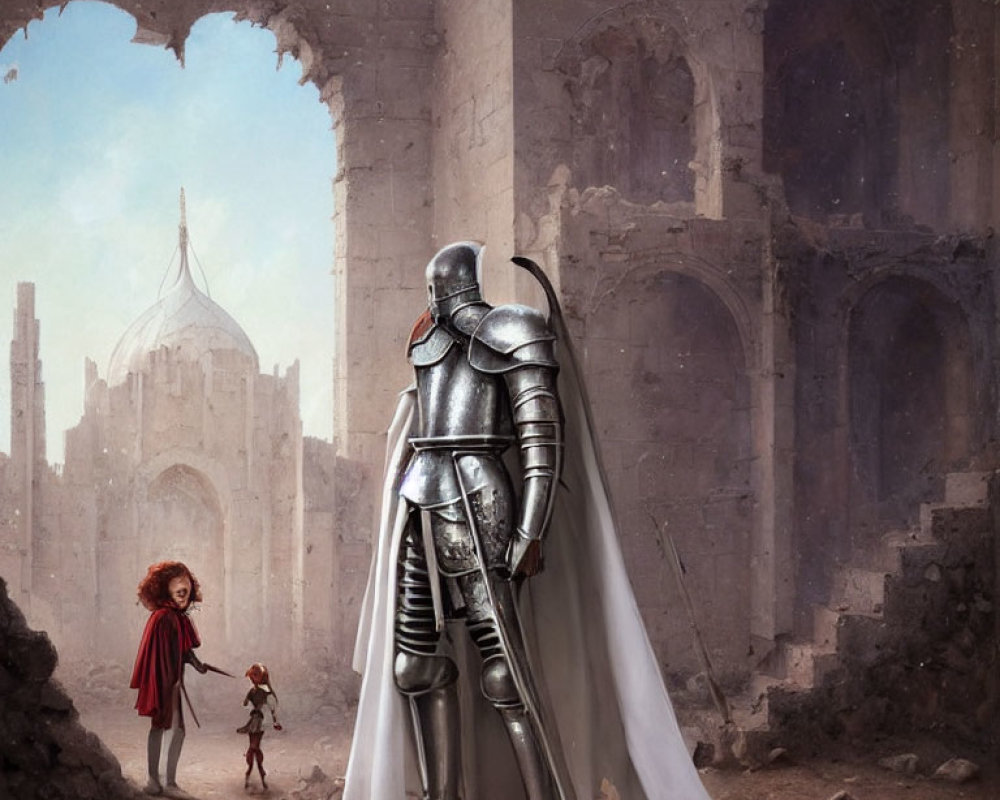 Knight in shining armor confronts red-haired girl with teddy bear and robot