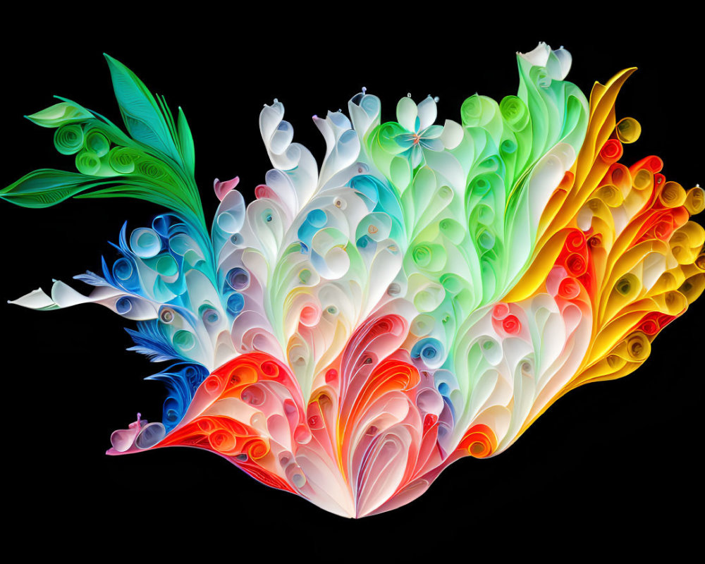 Vibrant paper quilling feather design on black backdrop