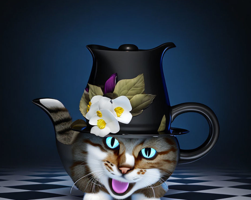 Whimsical illustration of teapot cat with blue eyes and floral accents
