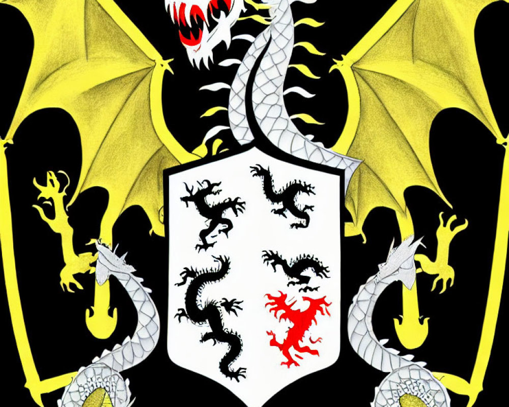 Stylized emblem with white shield and dragons in black, red, and yellow.
