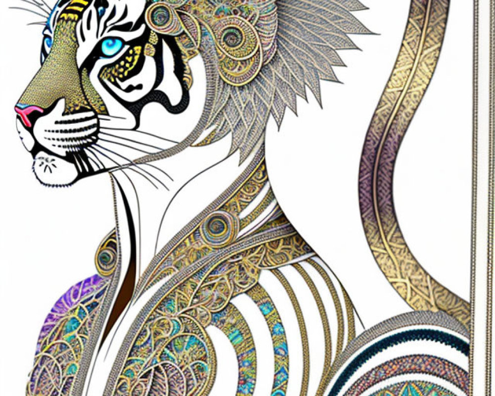Detailed Tiger Illustration with Gold, Black, and Multicolored Patterns