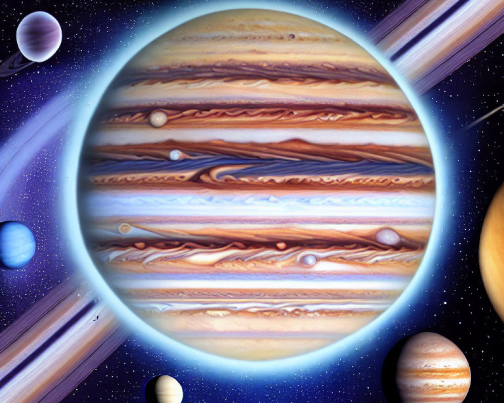 Colorful Jupiter with Striped Atmosphere Among Planets and Moons
