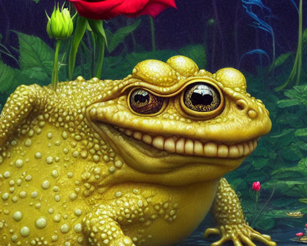 Surreal golden toad with sparkling eyes and red rose on dark aquatic background