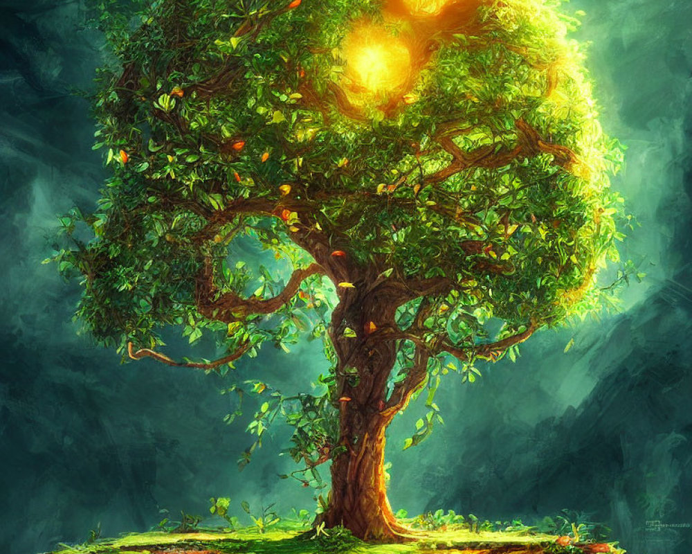Magical tree illustration with luminous canopy and twisted branches