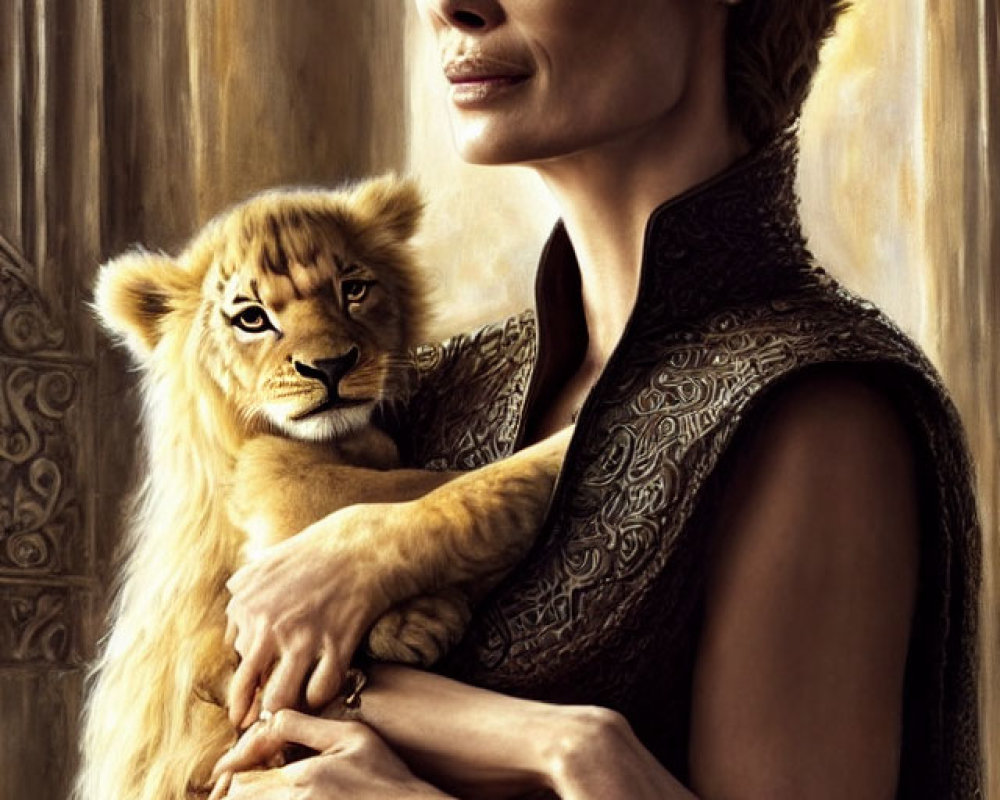 Regal woman with crown holding lion cub in golden setting