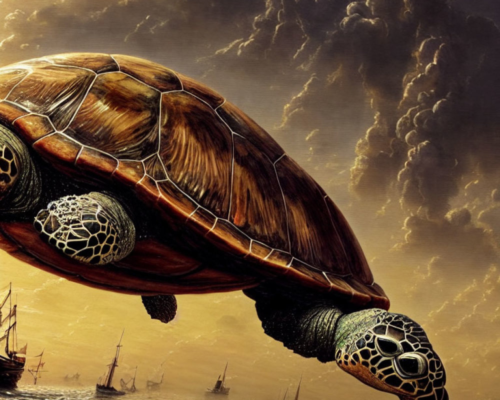 Giant sea turtle flying over sailing ships on golden ocean under dramatic sky
