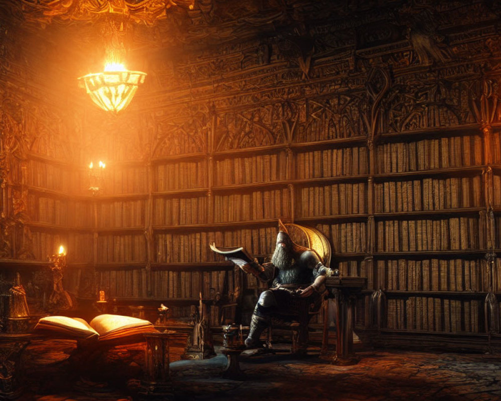 Armored knight reading in candle-lit grand library