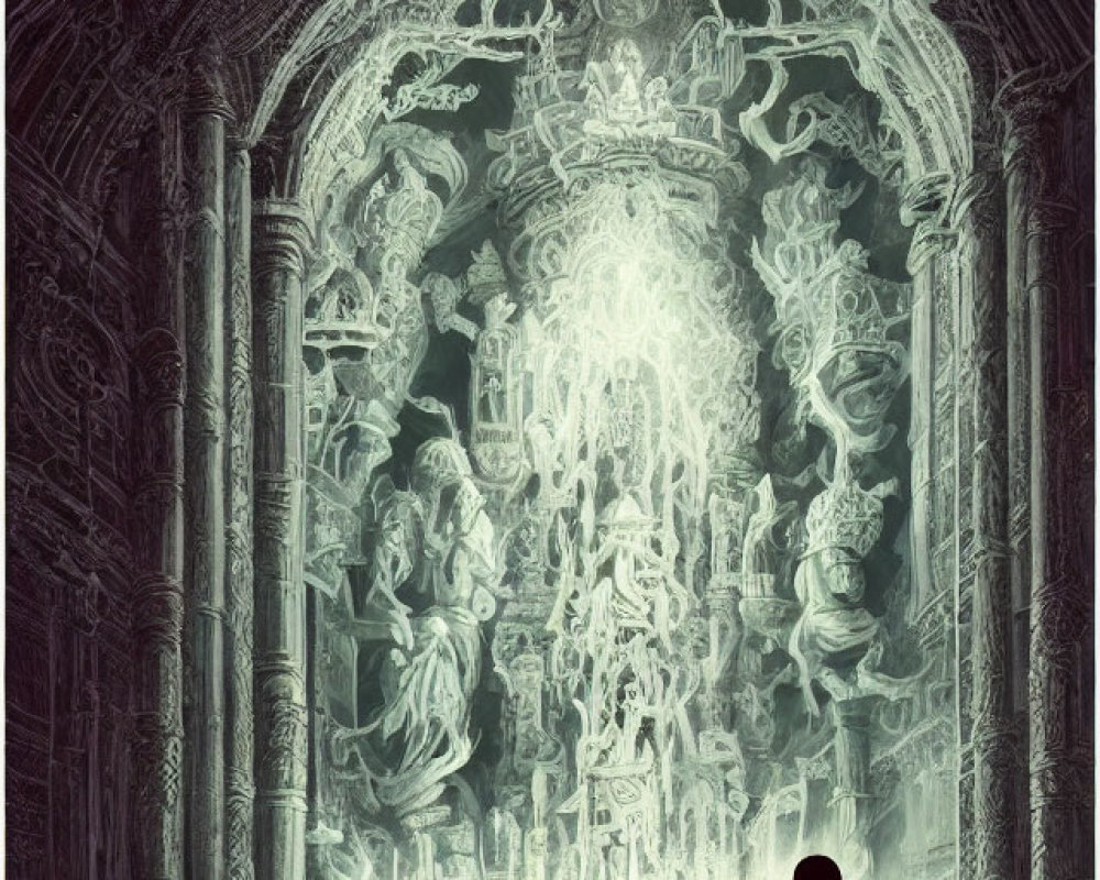 Mystical hallway with cloaked figure and sculptures