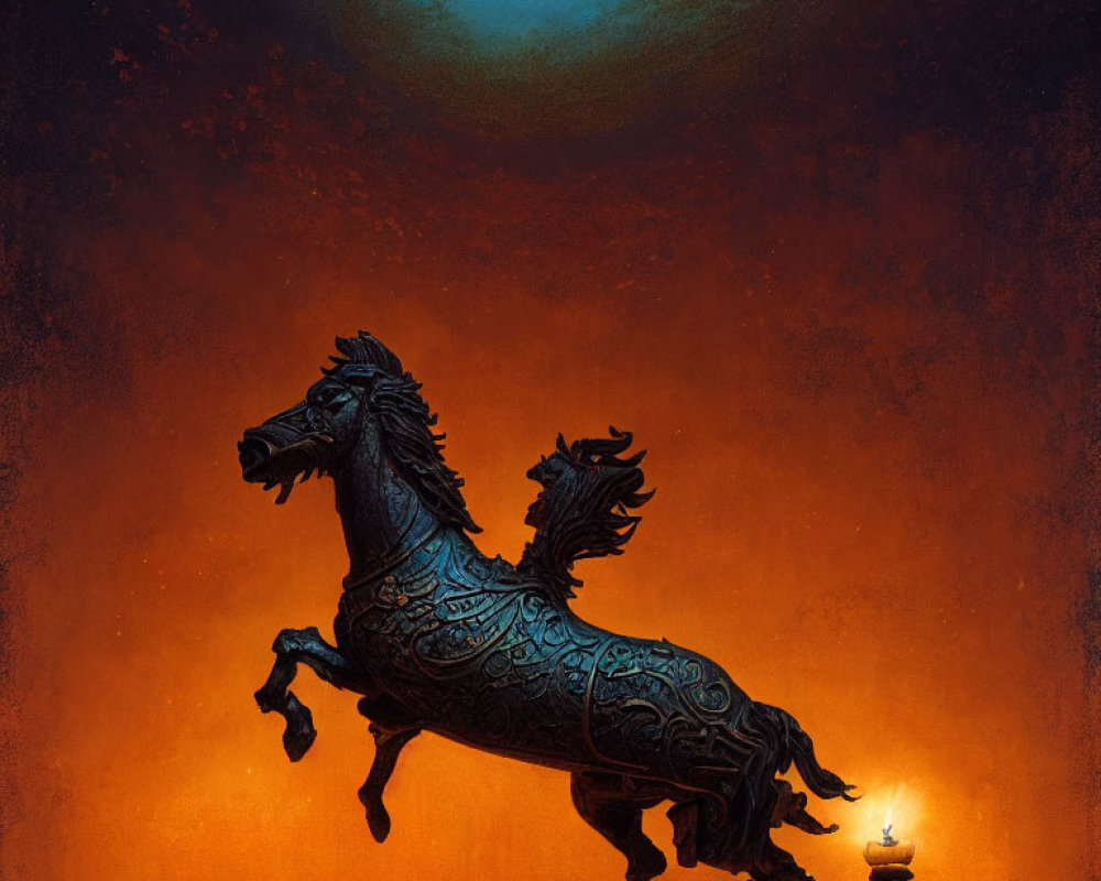 Ornate black horse statue under dusky sky with halo and small figures