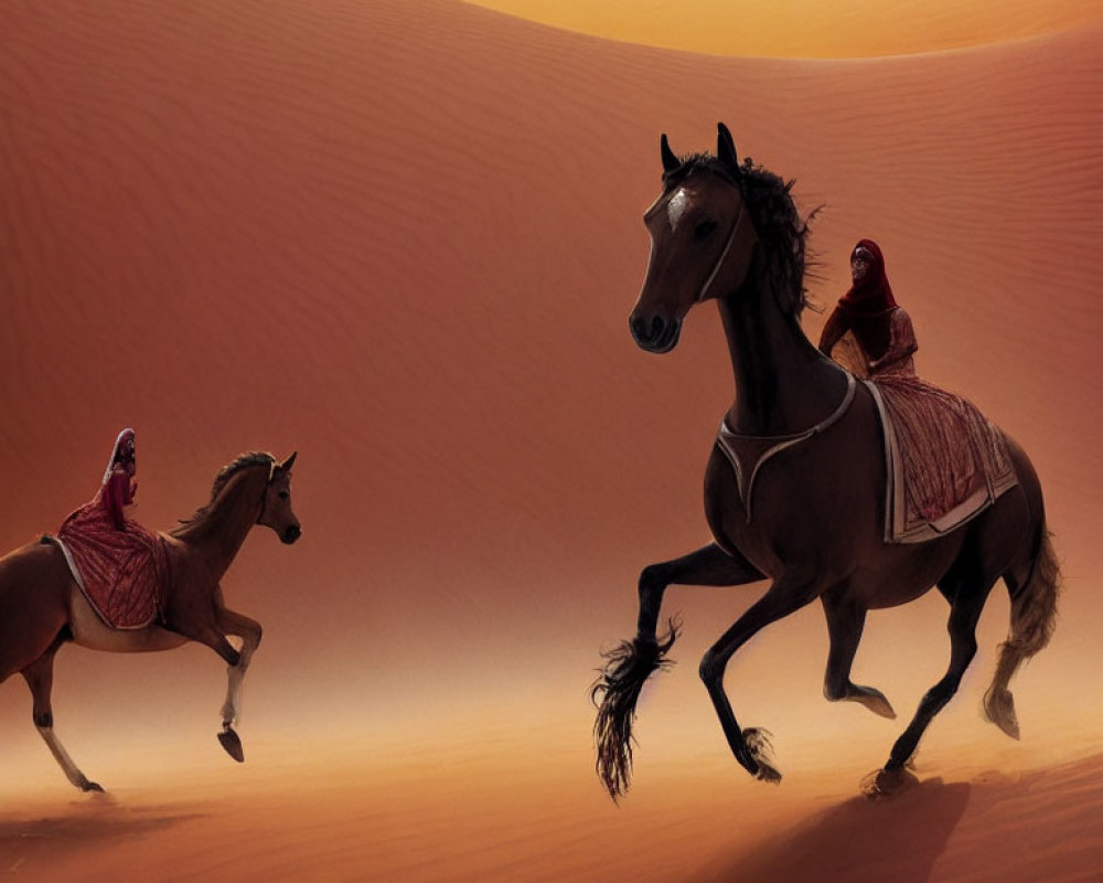Two riders on horses galloping on desert dune at dusk
