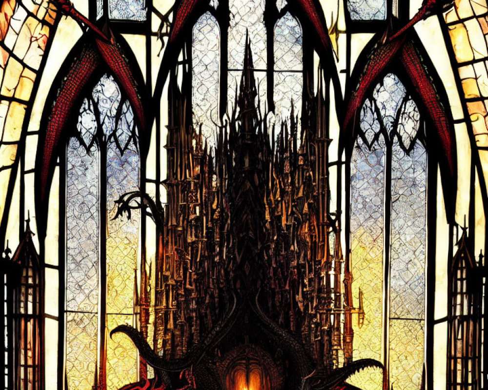 Intricate Gothic-style stained glass windows and ornate red dragon motifs altar