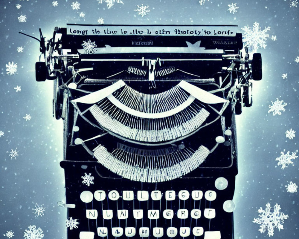 Vintage typewriter with paper and snowflakes on blue snowy background