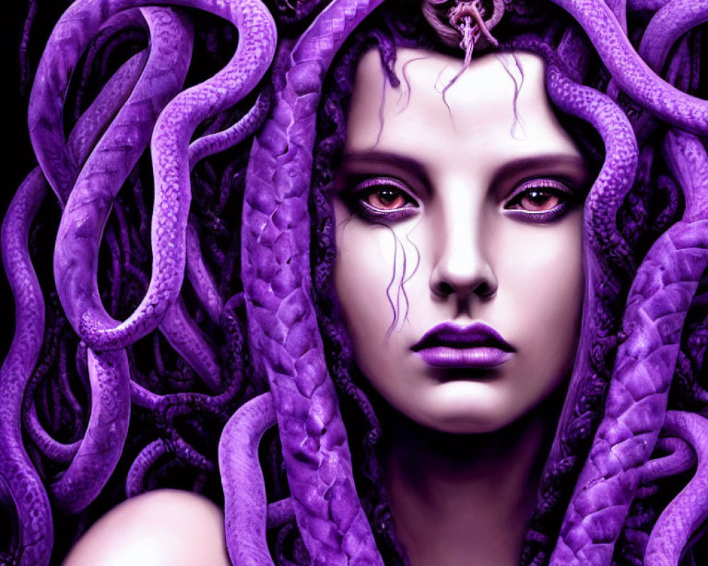 Digital Artwork: Woman with Purple Serpentine Hair & Medusa-like Features