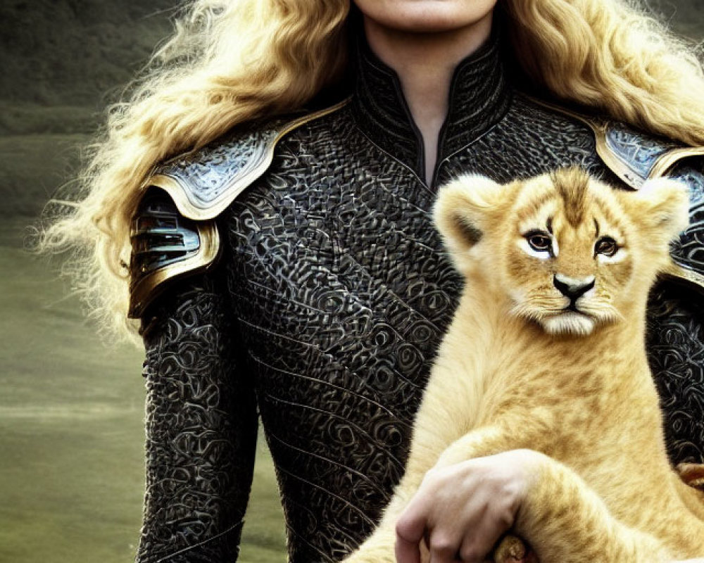 Blonde person in armor holds lion in hilly landscape