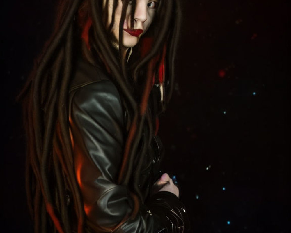 Person with Voluminous Dreadlocks in Leather Jacket Against Cosmic Background
