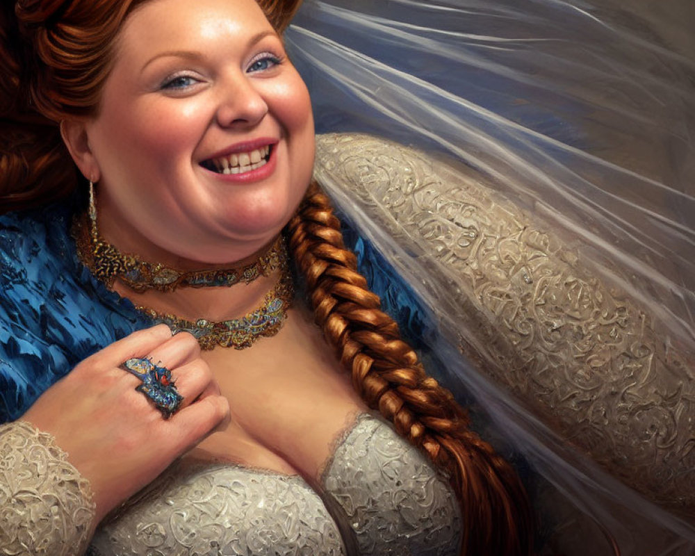 Smiling woman with braided hair in blue and gold gown with jewelry