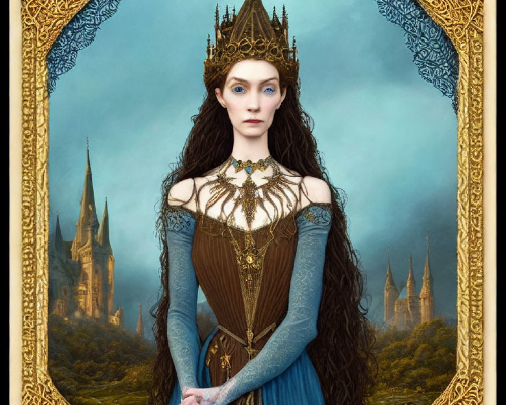 Medieval fantasy portrait of a regal woman in crown and dress