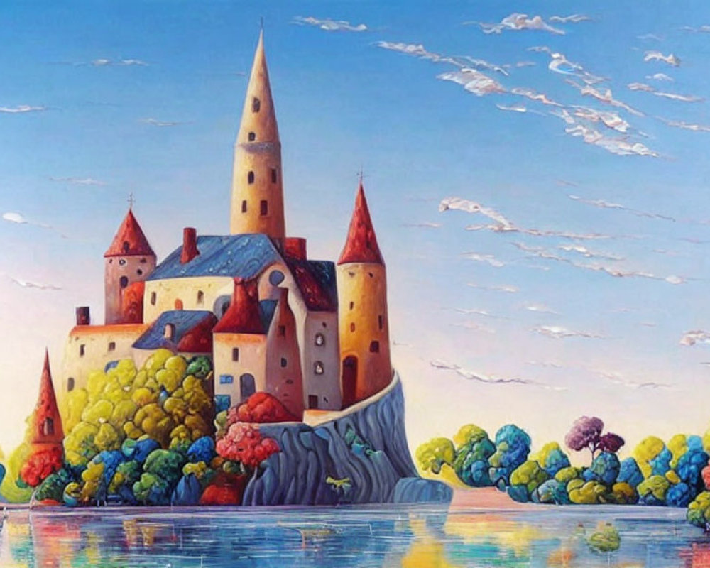 Vibrant castle painting with spires on cliff by reflective water