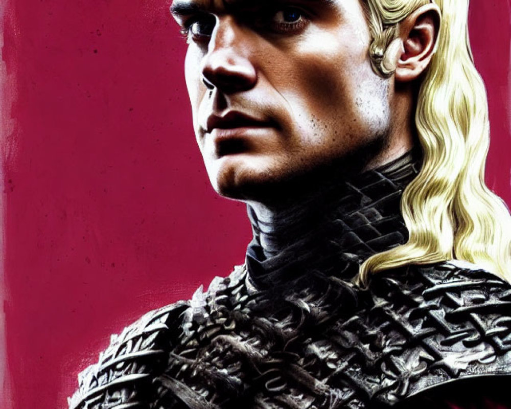 Man in Medieval Armor with Long Blonde Hair on Crimson Background