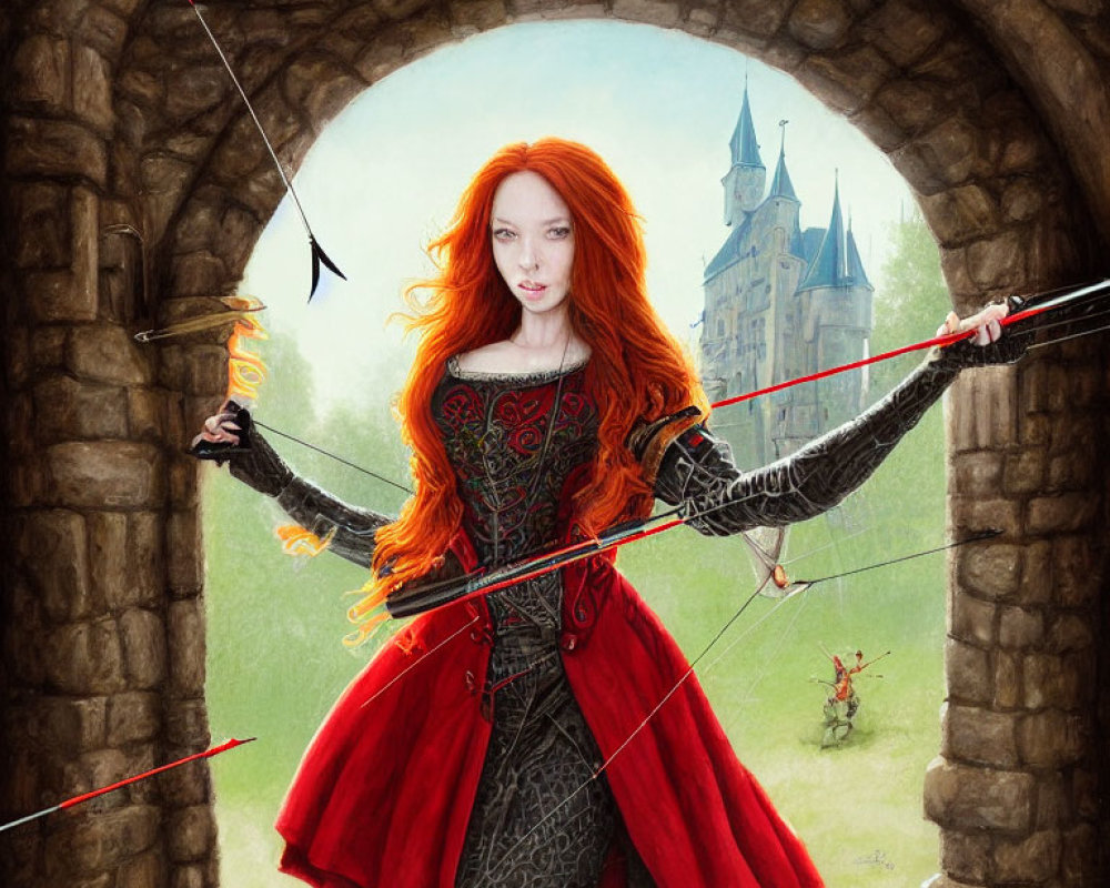 Red-haired archer in medieval attire with bow and arrow, torch, and castle backdrop.