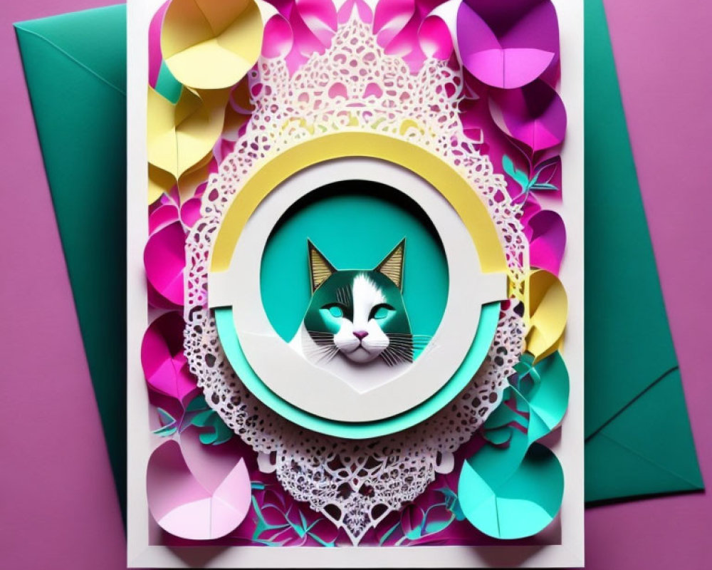 Colorful Paper Art with Cat Face Cutout on Geometric Background