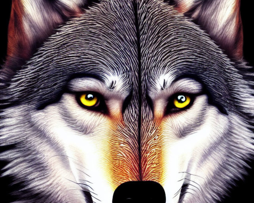 Detailed Wolf Face Illustration with Yellow Eyes and Intricate Fur Textures