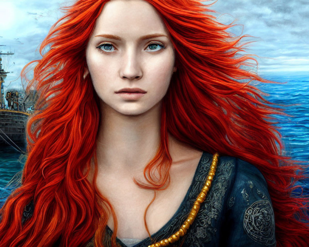 Vivid red-haired woman in dark dress by the sea