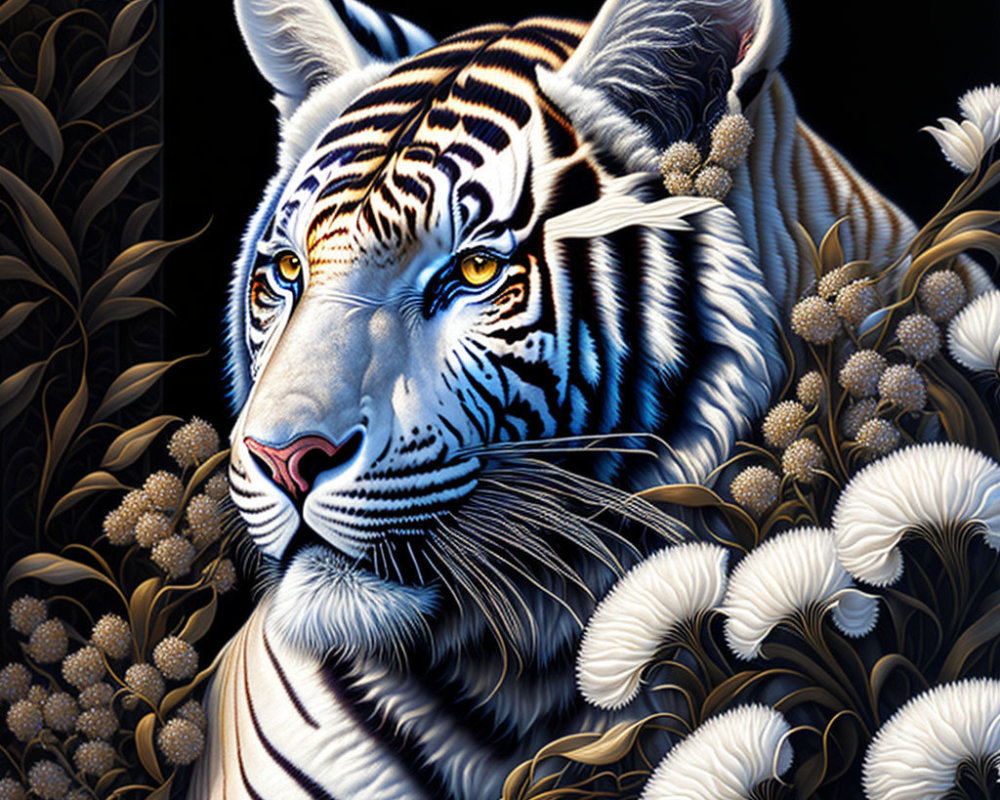 Colorful Tiger Head Art Against Dark Foliage and White Flowers